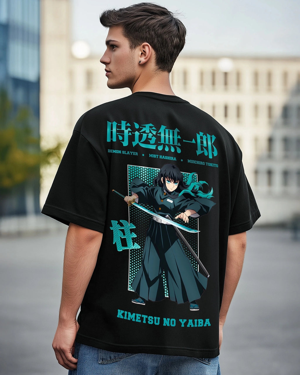 Men's Black Wind Hashira Graphic Printed Oversized T-shirt