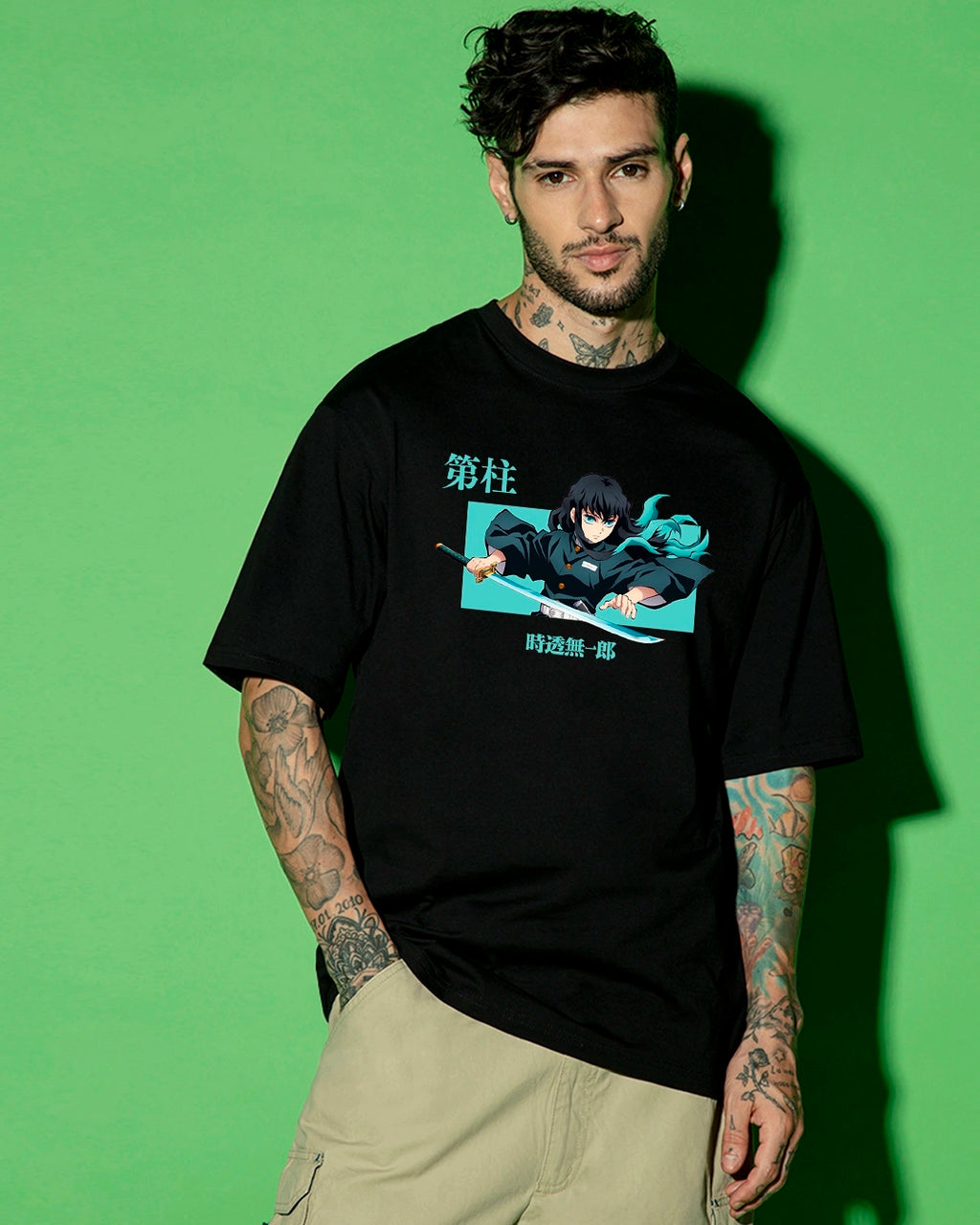 Men's Black Wind Hashira Graphic Printed Oversized T-shirt