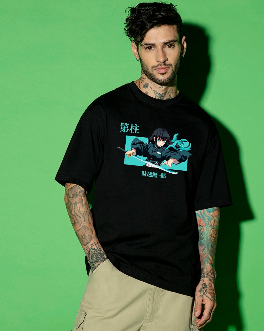 Men's Black Wind Hashira Graphic Printed Oversized T-shirt