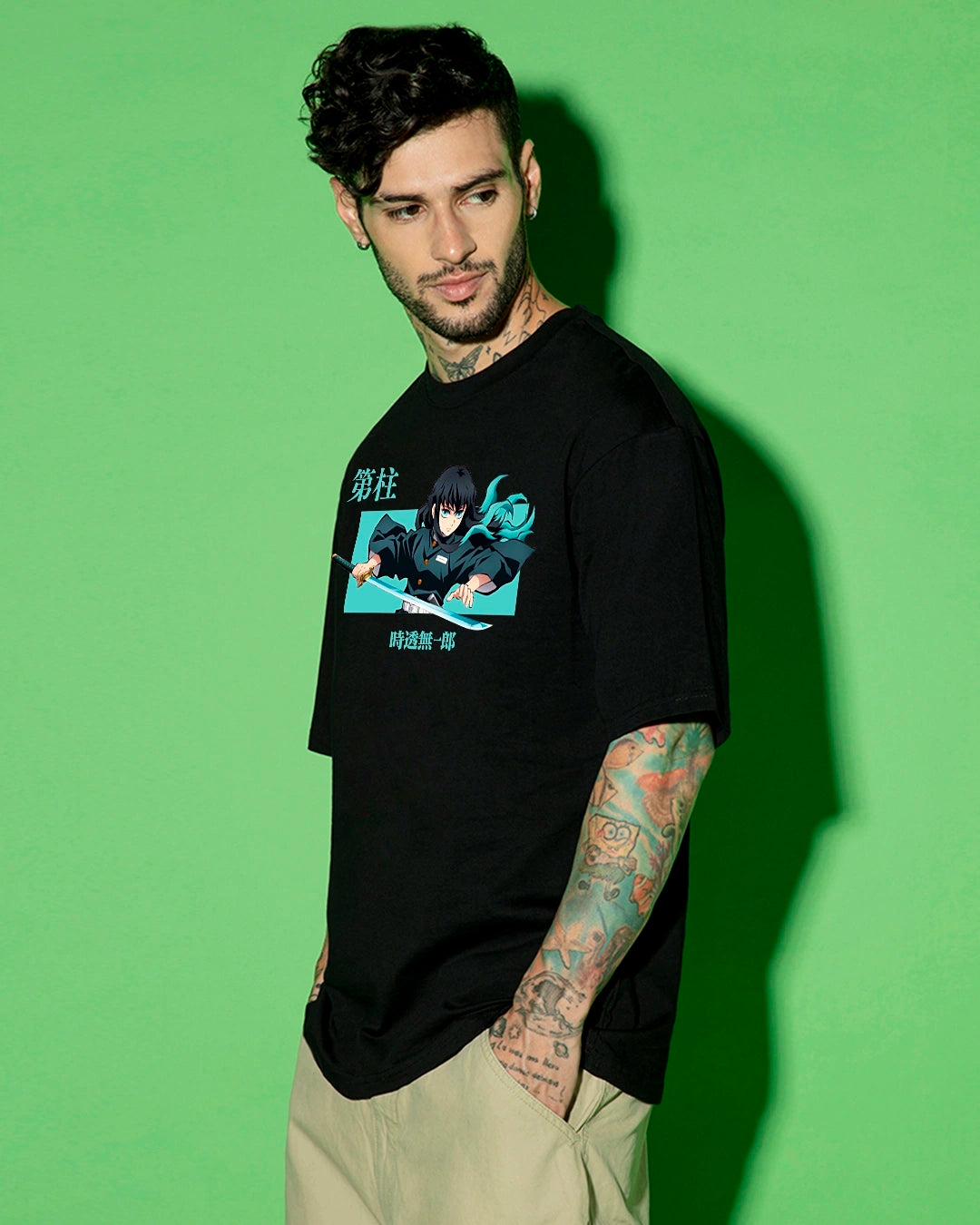 Men's Black Wind Hashira Graphic Printed Oversized T-shirt