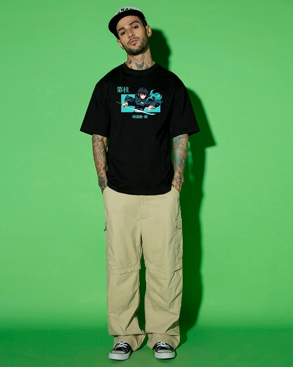 Men's Black Wind Hashira Graphic Printed Oversized T-shirt
